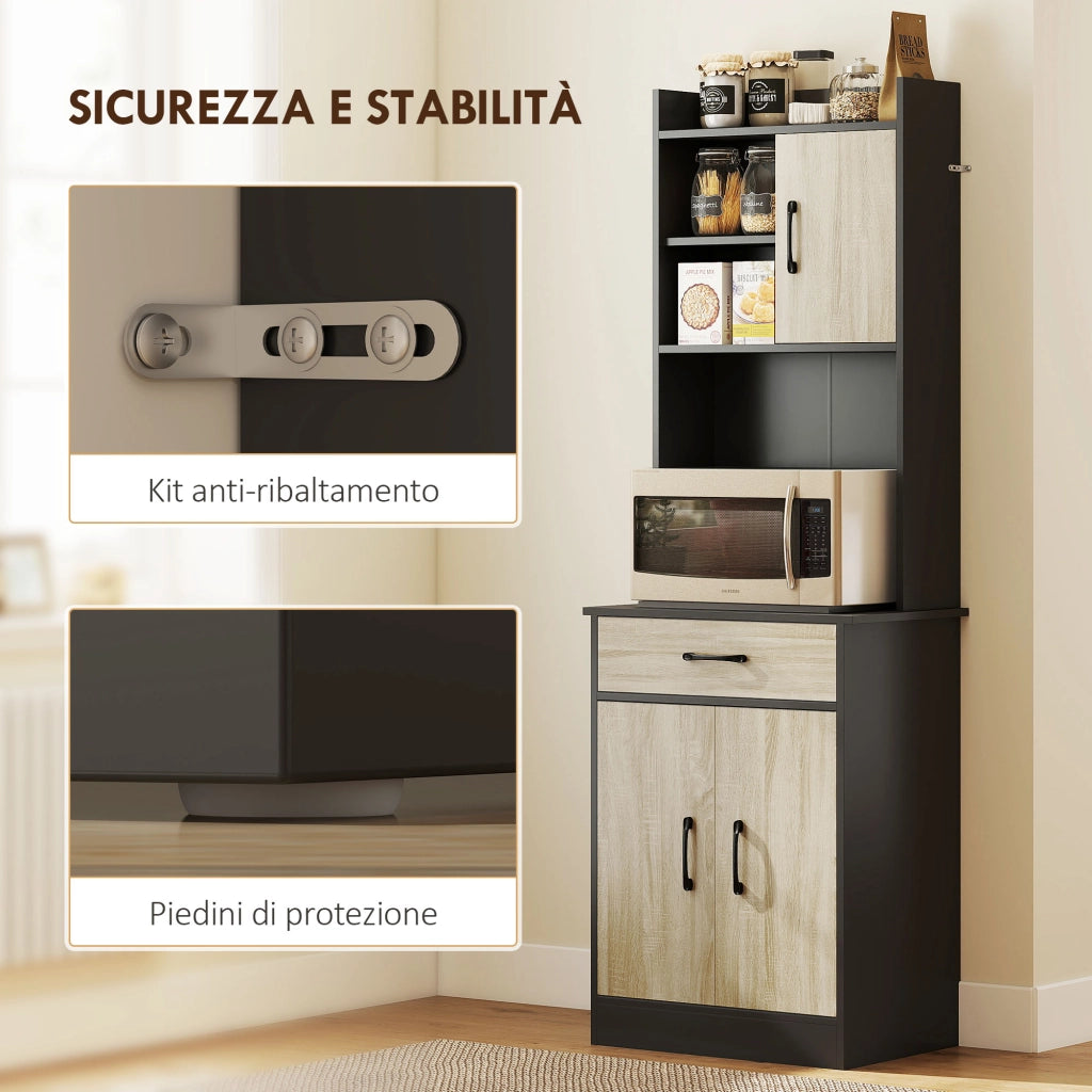 Mobile Alto Cucina Credenza Moderna 60x40x180 cm con Mensola e Foro Passacavi Rivestimento in Melamina Nero e Color