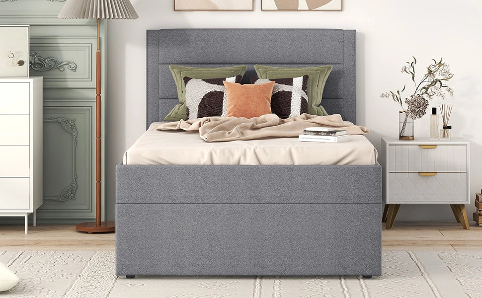 DESMIU Letto singolo 90 × 200 cm con contenitore sotto il letto, senza materasso, in lino e MDF, grigio