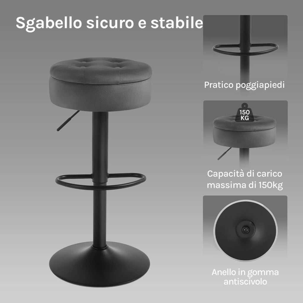 Set di 2 Sgabelli da Cucina, Sgabelli da Bar Alti con Spazio Contenitivo, Sedia Regolabili in Altezza e Girevoli a 360°, per Cucina Sala da Pranzo Bar Bancone, Velluto, Metallo, Grigio Scuro