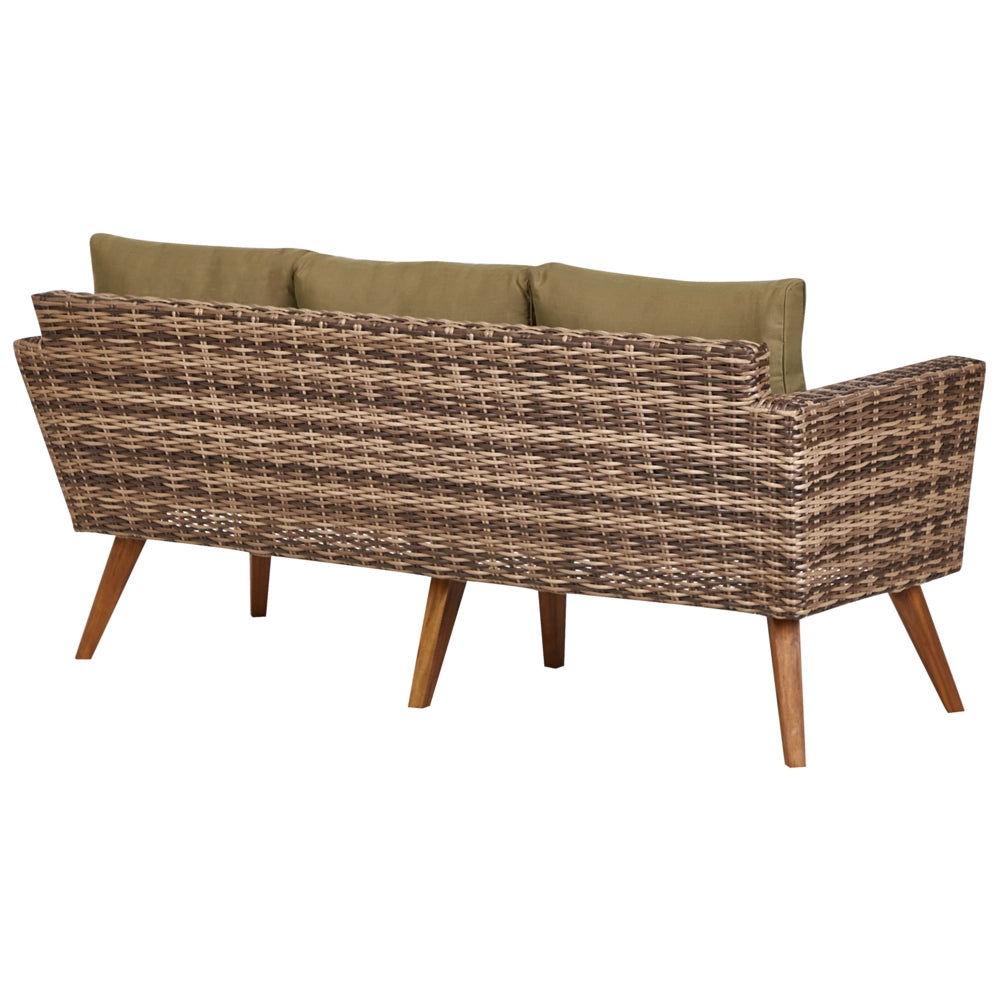Set giardino in rattan verde oliva composto da divano 3 posti 2 poltrone tavolino esterno elegante