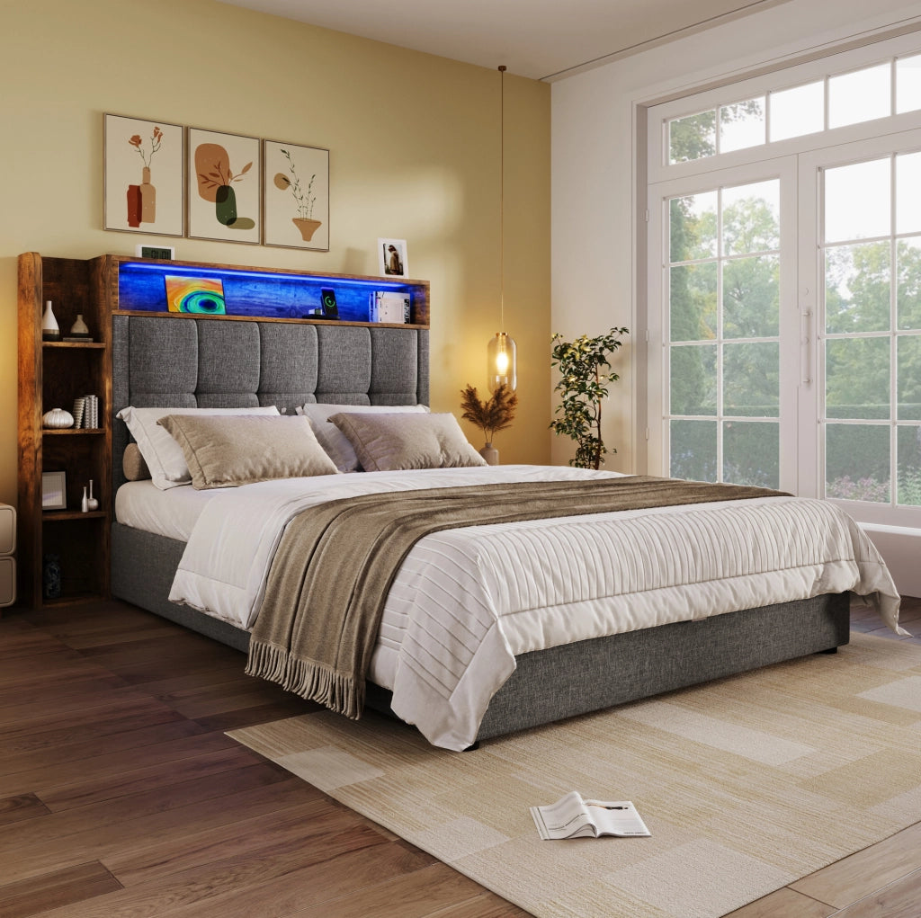 Polsterbett 90x200 cm con USB e LED; in lino e MDF; grigio