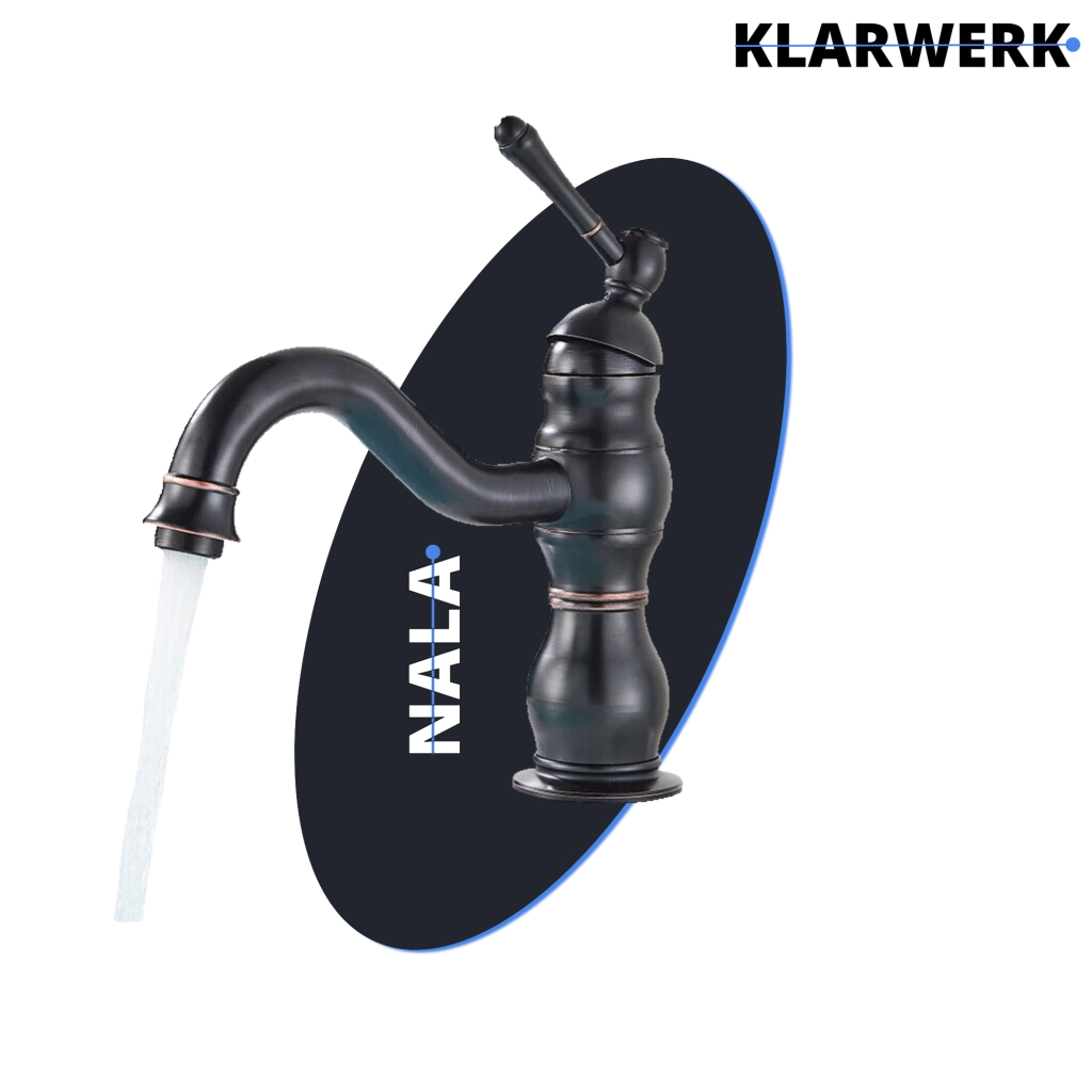 NALA | Rubinetto da bagno basso vintage Gastro nero spazzolato |. Rubinetto per lavabo retrò premium in acciaio inossidabile piccolo |