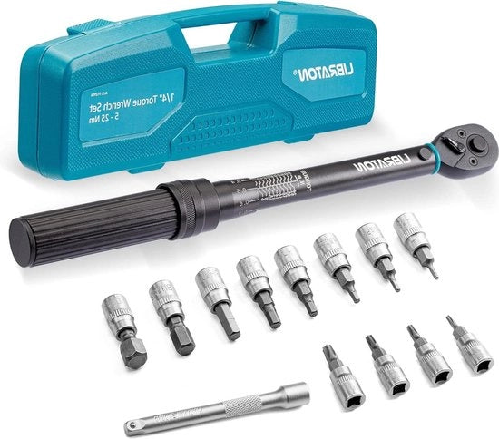 Chiave a Morsa per Bicicletta 1/4" 5-25Nm Set di Morsa a Click con Bit a Lema e Torx - Barra di Estensione Kit di Manutenzione Strumentazione Professionale