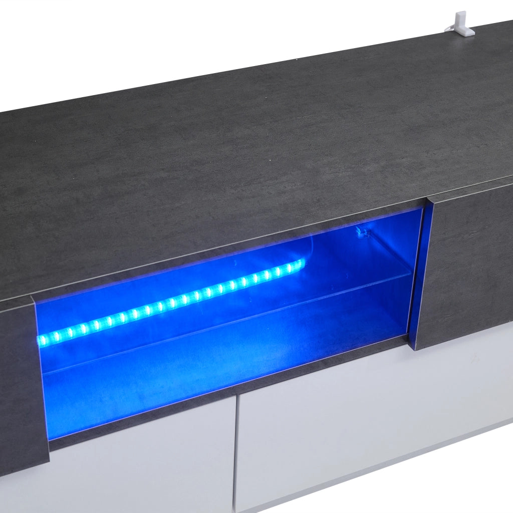 Mobile porta TV con LED, 2 cassetti, 4 ante e 3 ripiani aperti in truciolare e vetro, bianco e grigio 180 × 40 × 45 cm