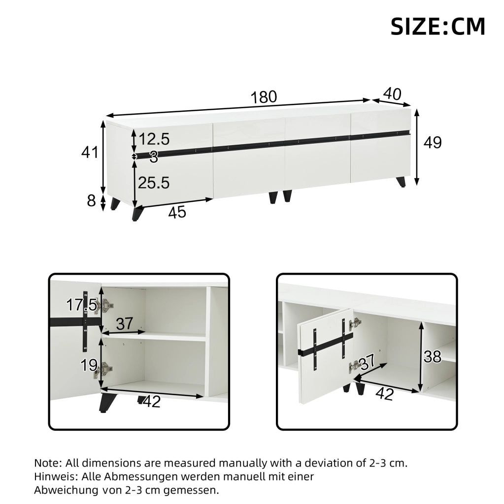 Mobile TV 180x40x49 cm bianco MDF con 4 vani e ripiani regolabili