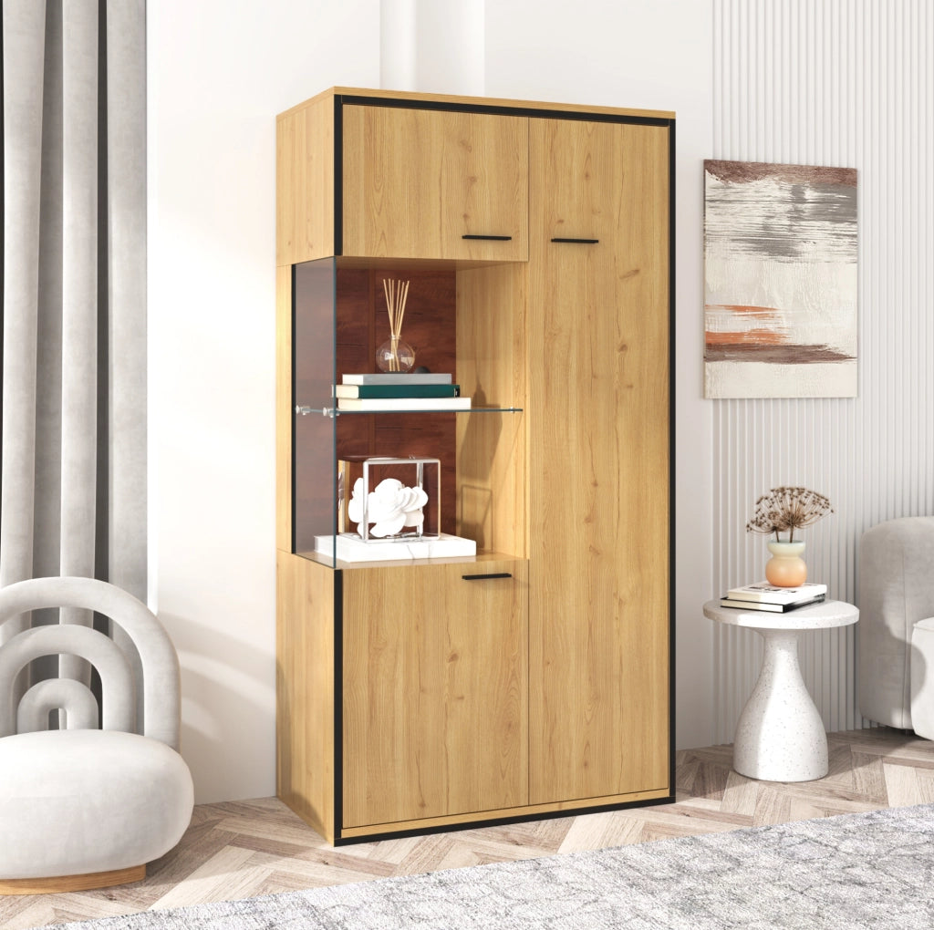 Vetrina moderna con LED; 150 cm; 3 ripiani regolabili; MDF; colore naturale