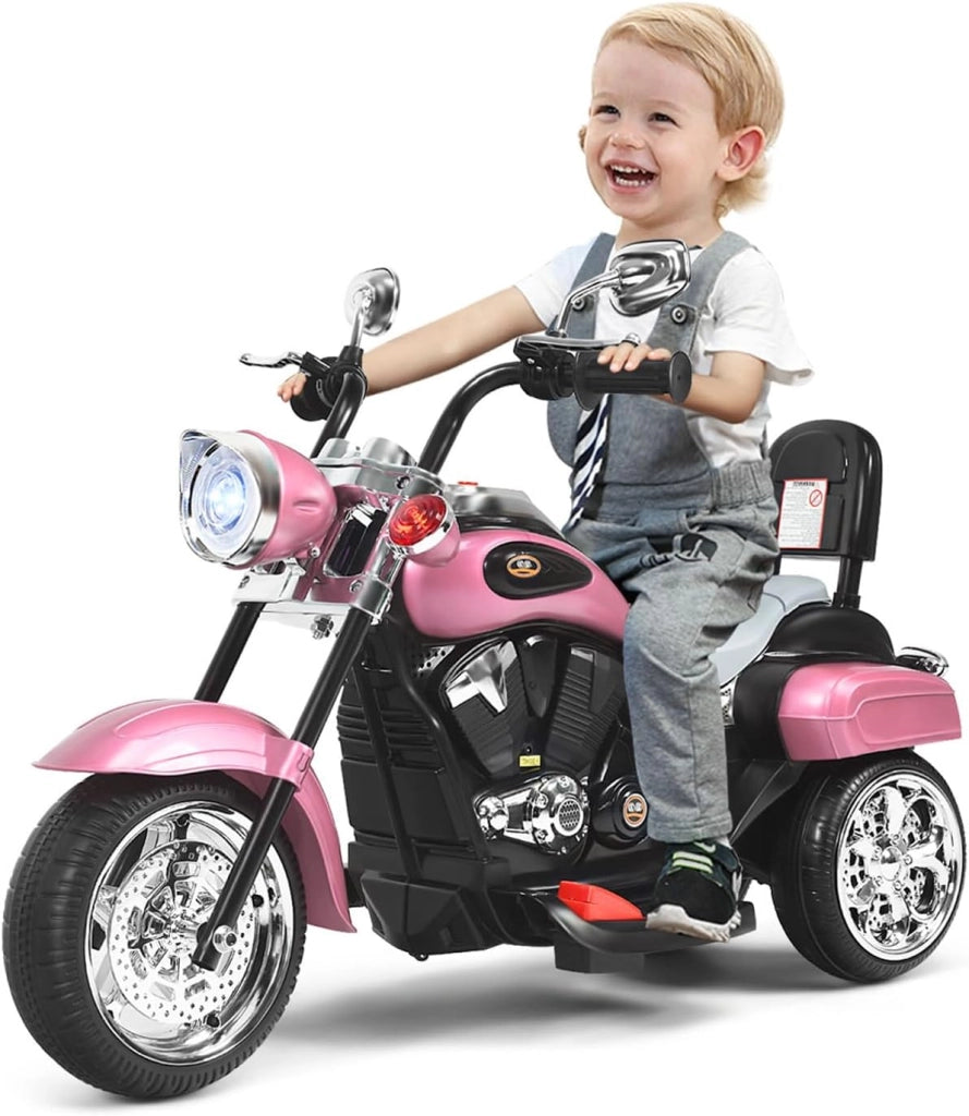 Moto Elettrica per Bambini 6V a 3 Ruote con Luci LED e Suoni, Motorino Triciclo con Acceleratore a Pedale, Motocicletta con Specchietto, 3 km/h, Carico 30 kg, 3+ Anni (Rosa)