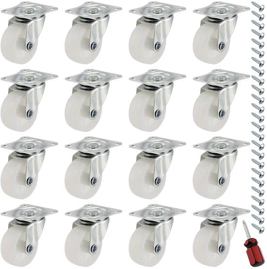 16 pacchi di ruote di regolazione 40 mm, senza freni, ruote per mobili, ruote di regolazione, piccole ruote per mobili con viti e chiave a croce, per mobili, casse degli strumenti, bianche