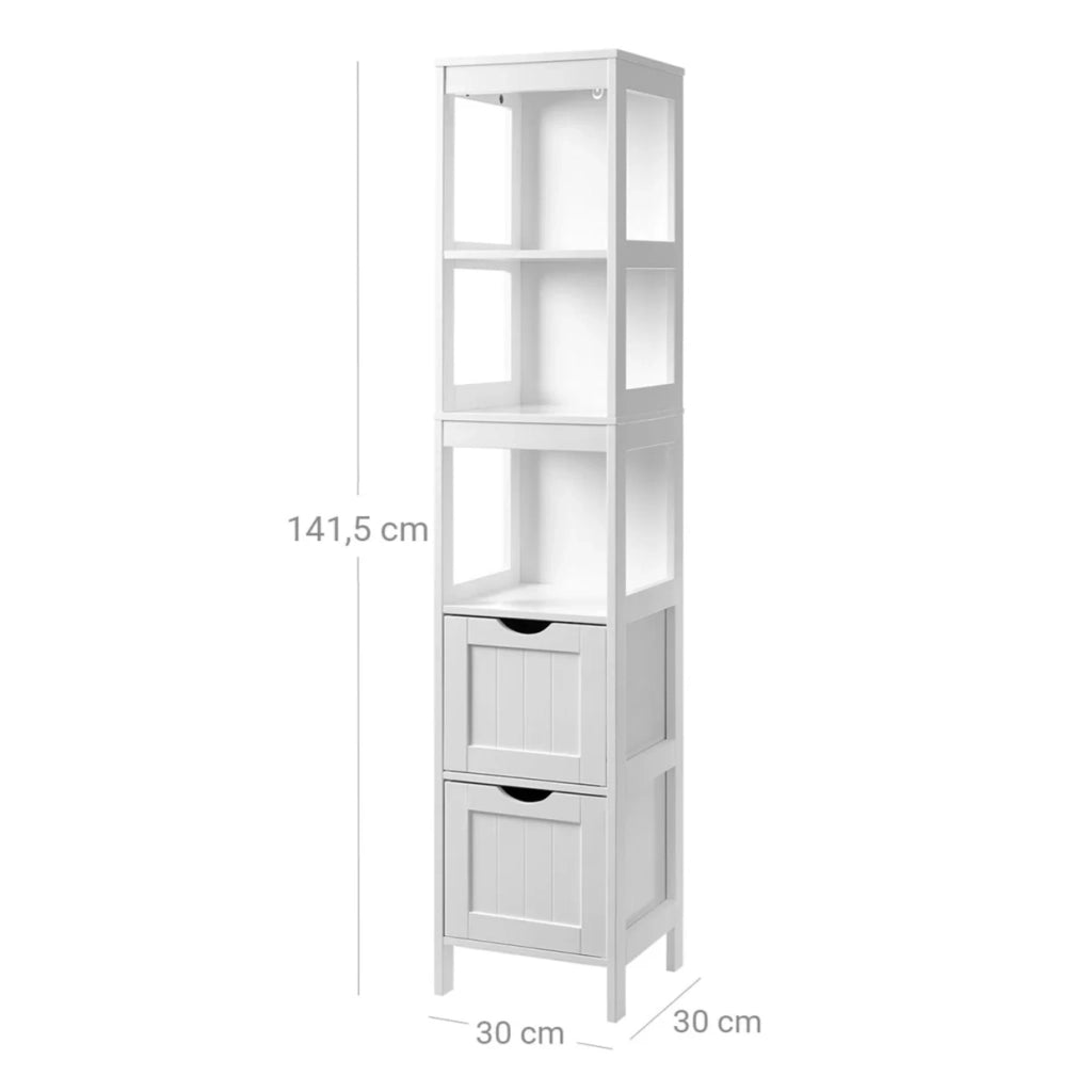 Mobiletto da bagno mobiletto alto con 2 cassetti e 3 ripiani aperti 30 x 30 x 141,5 cm per bagno soggiorno cucina bianco 12_0006521
