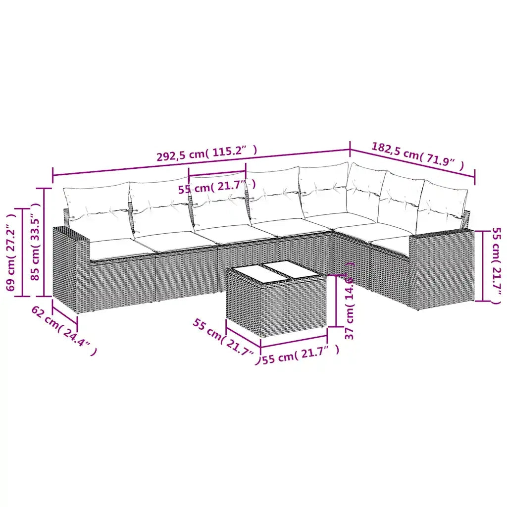 Set Divani da Giardino 8 pz con Cuscini Marrone in Polyrattan