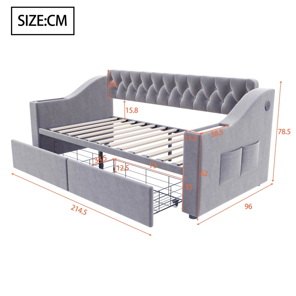 Divano letto imbottito 90x190 cm in velluto con USB; cassetti contenitore e braccioli grigio chiaro