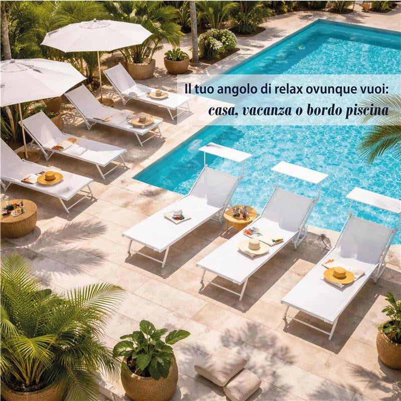 LETTINO RIMINI PRENDISOLE IN ALLUMINIIO CON PARASOLE PIEGHEVOLE 61X183/189X38H CM , COLORE BIANCO