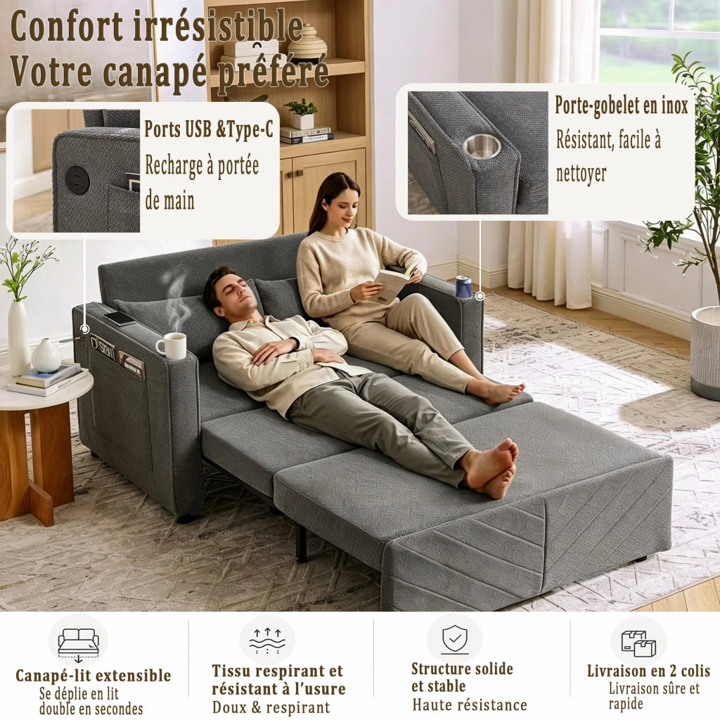 Divano letto 3 in 1 con sistema scorrevole e porte USB in legno e tessuto grigio scuro 195 × 134 × 73 cm