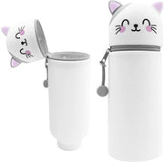 Etui 2 in 1 in silicone morbido per bambini, pennarecambio, colori pastelli, matite, astuccio in piedi, giocattoli scolastici per bambini (gatto grigio)