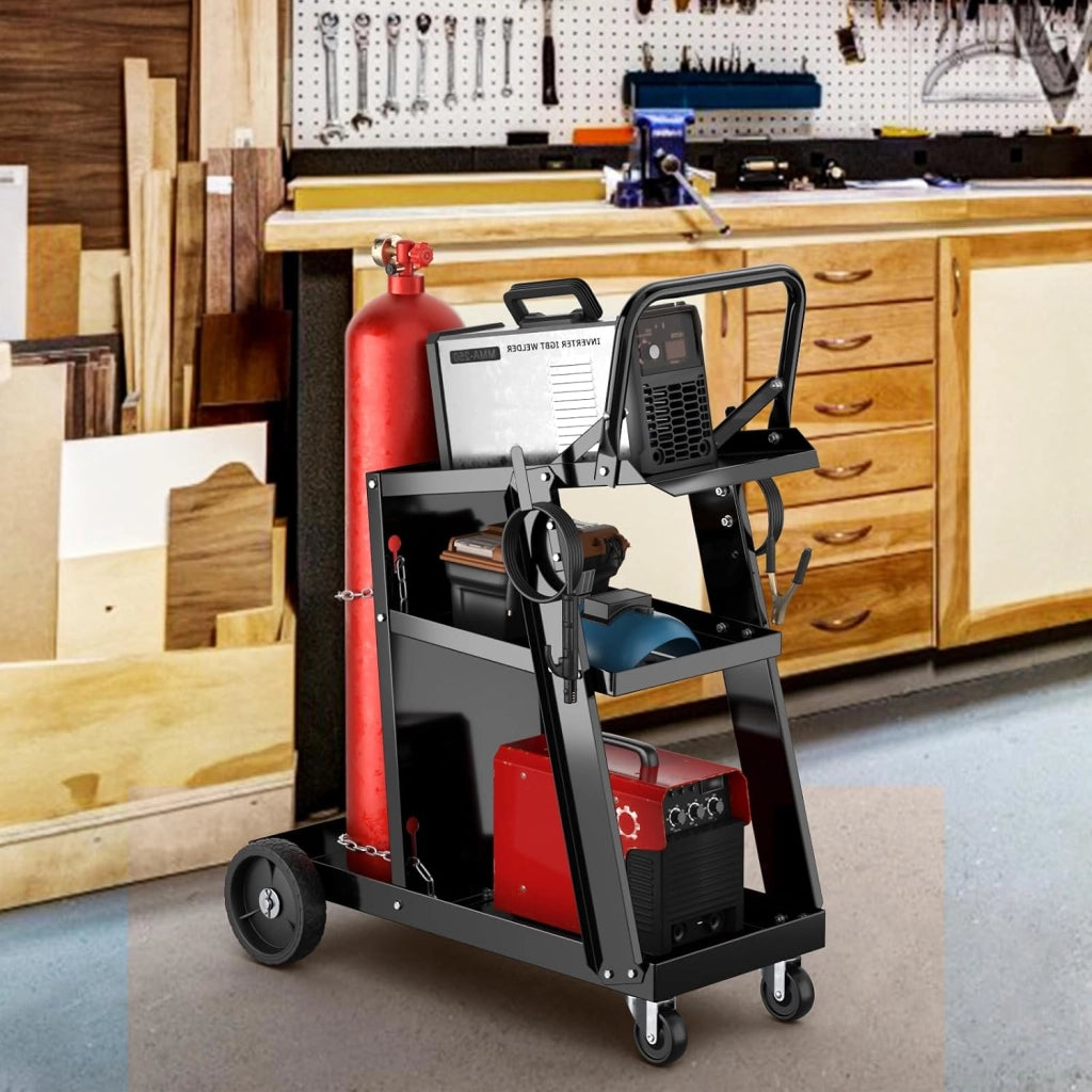 Carrello per officina, 3 livelli, con 2 catene di sicurezza e vassoio inferiore, 2 ganci laterali, carico 50 kg, 70 x 38 x 87 cm, per officina, garage