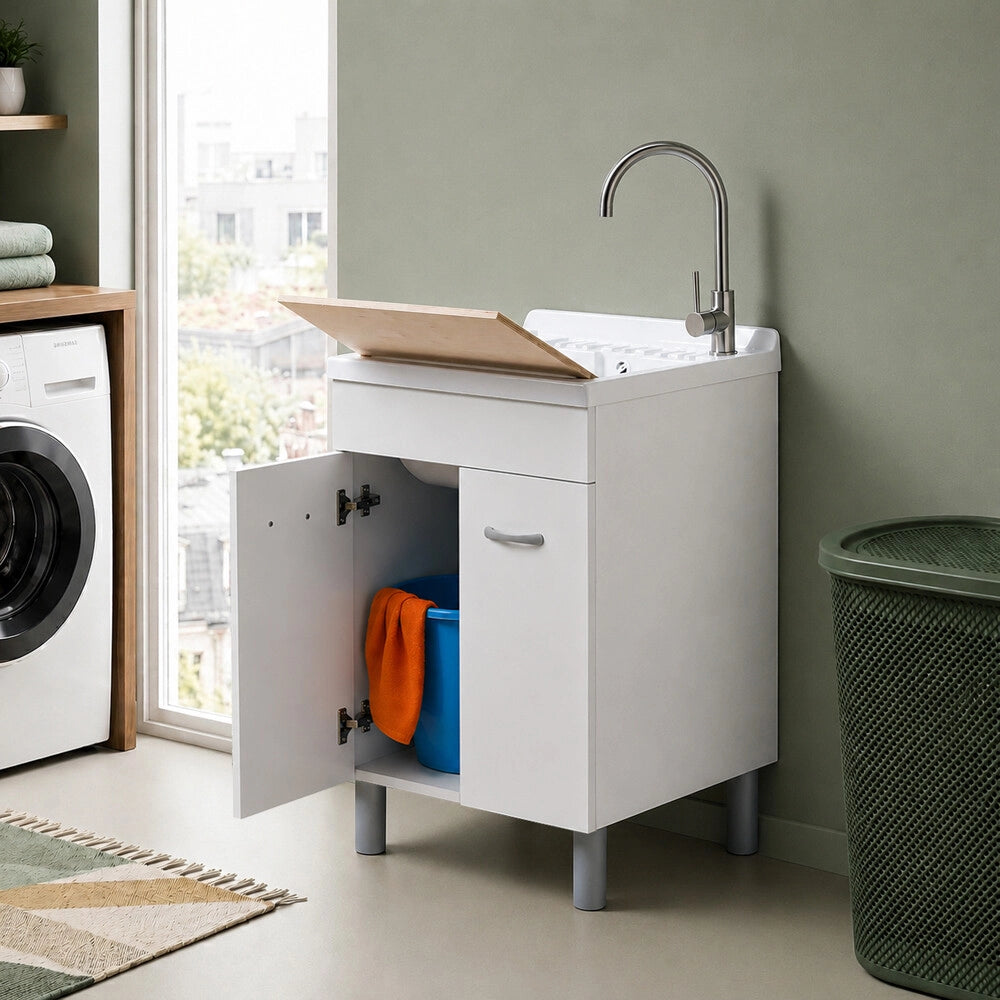 Mobile lavatoio 59x60 cm bianco opaco con ante e vasca incluso di asse di lavaggio e kit di scarico Medea