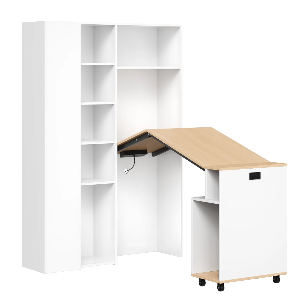 Scrivania pieghevole 2 in 1 con libreria, presa EU e USB, bianco, MDF, 104,5 × 30,5 × 160 cm
