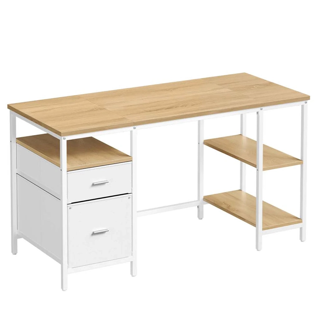 Scrivania per computer con contenitore 3 ripiani 2 cassetti 60 x 140 x 76 cm per ufficio/soggiorno stile industriale marrone 12_0004570