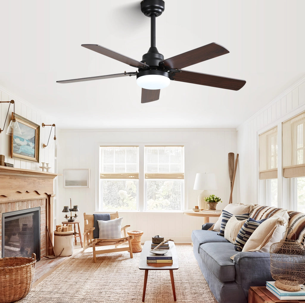 Ventilatore da soffitto con LED 18 W, telecomando, motore DC reversibile e pale in MDF nero