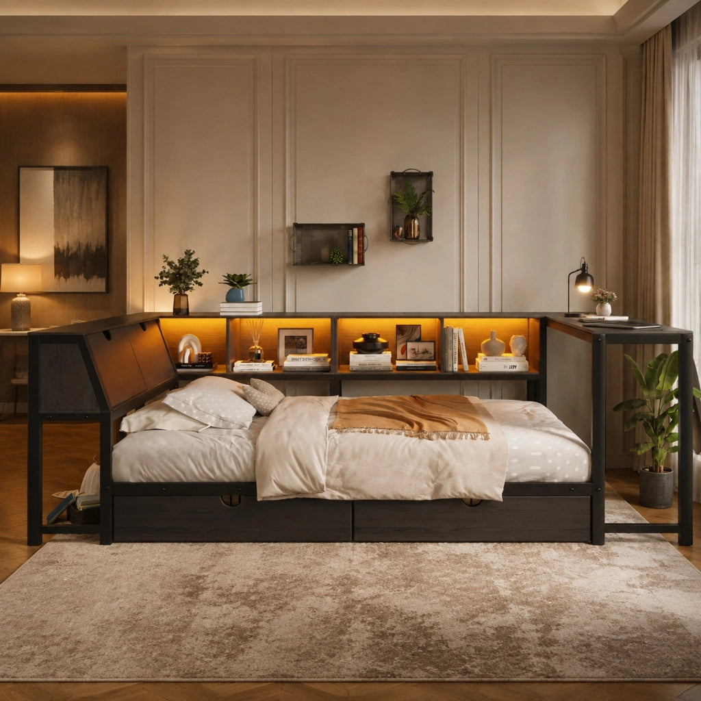 Letto singolo multifunzione 90x200 cm con scrivania; LED e cassetti; nero
