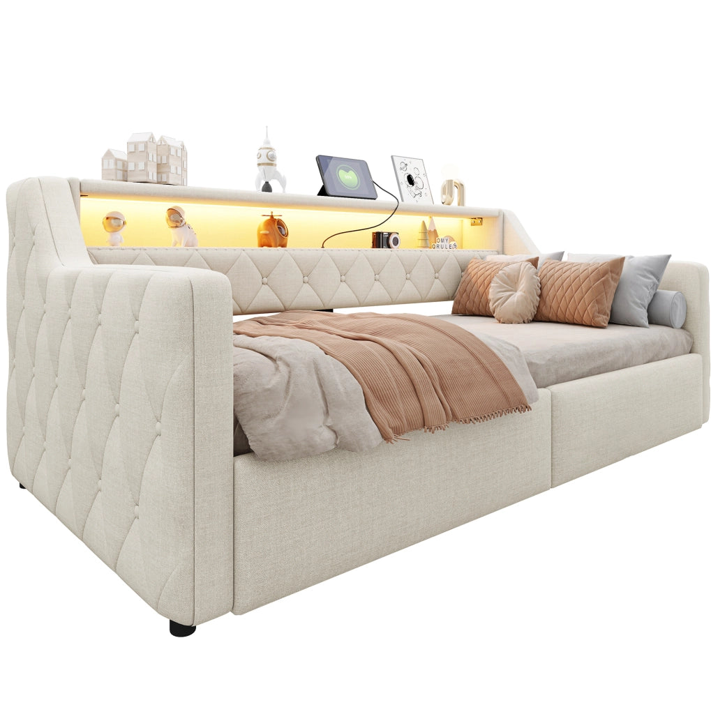 Daybed 211x106x77 cm con contenitore idraulico; LED e porte USB e USB C in lino e MDF beige
