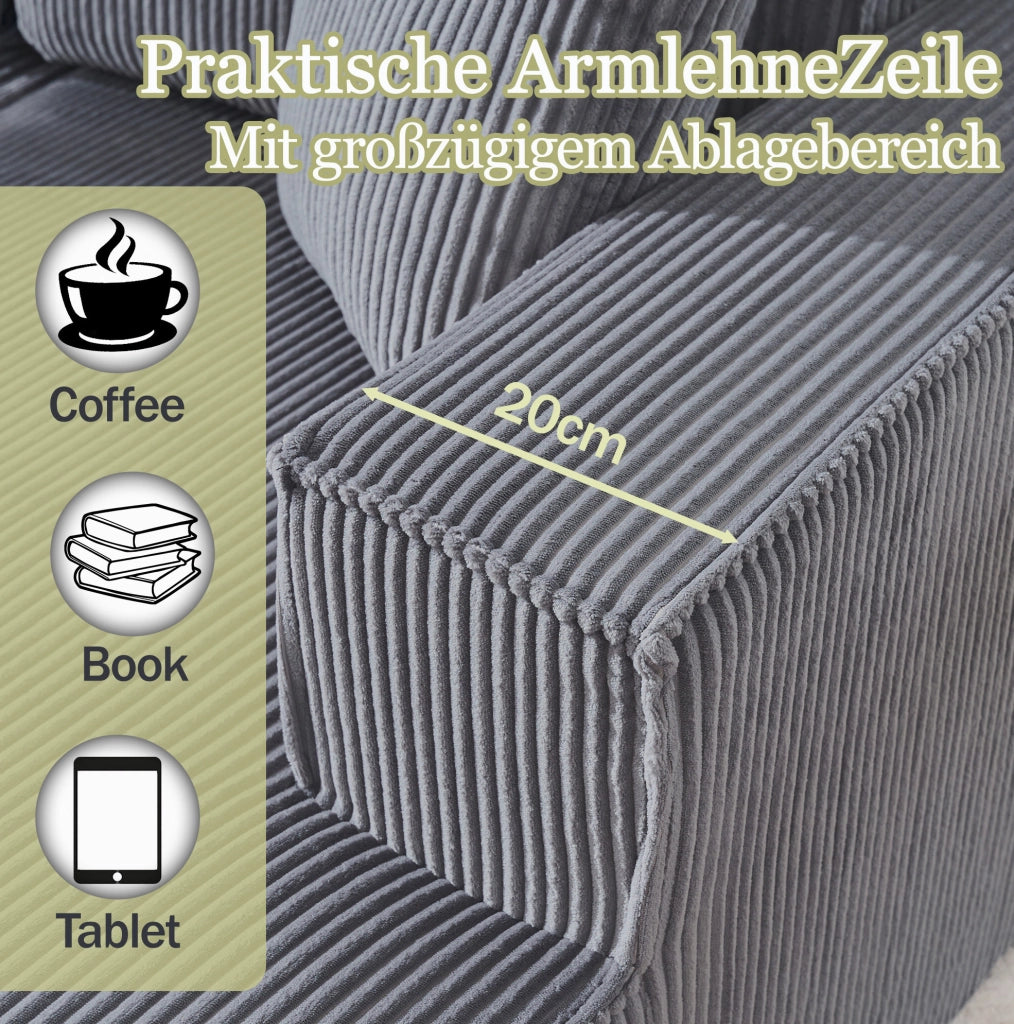 Divano angolare modulare a L; 2 posti con chaise longue; 235 x 128 x 60 cm; velluto a coste grigio
