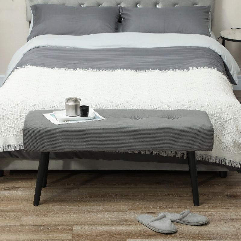 Panca imbottita in corduroy grigio 100 x 36 x 45 cm con gambe in acciaio, seduta moderna per ingresso e camera