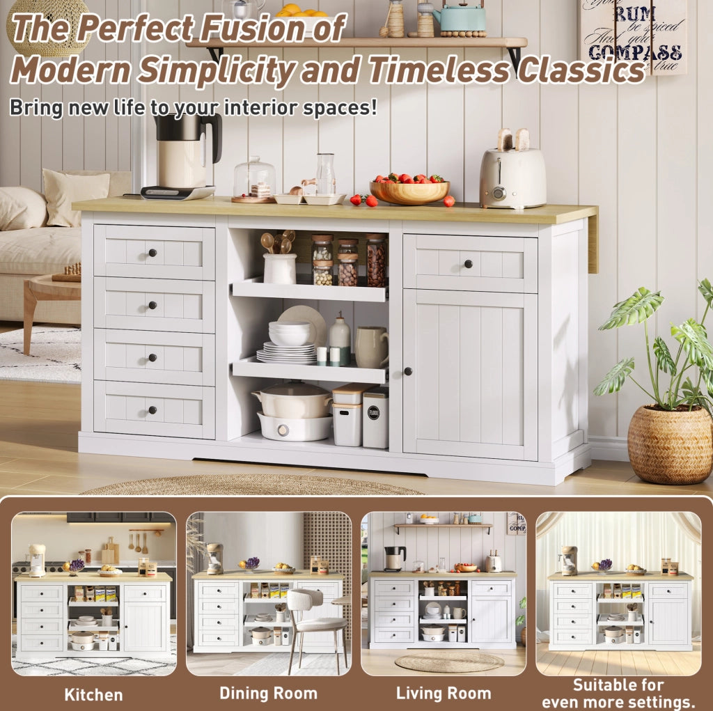 Sideboard bianco multifunzione con 5 cassetti, 2 ripiani estraibili e piano allungabile, 150×65×75 cm