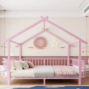 Letto per bambini 140x200 cm con sbarre di sicurezza e tetto in metallo rosa