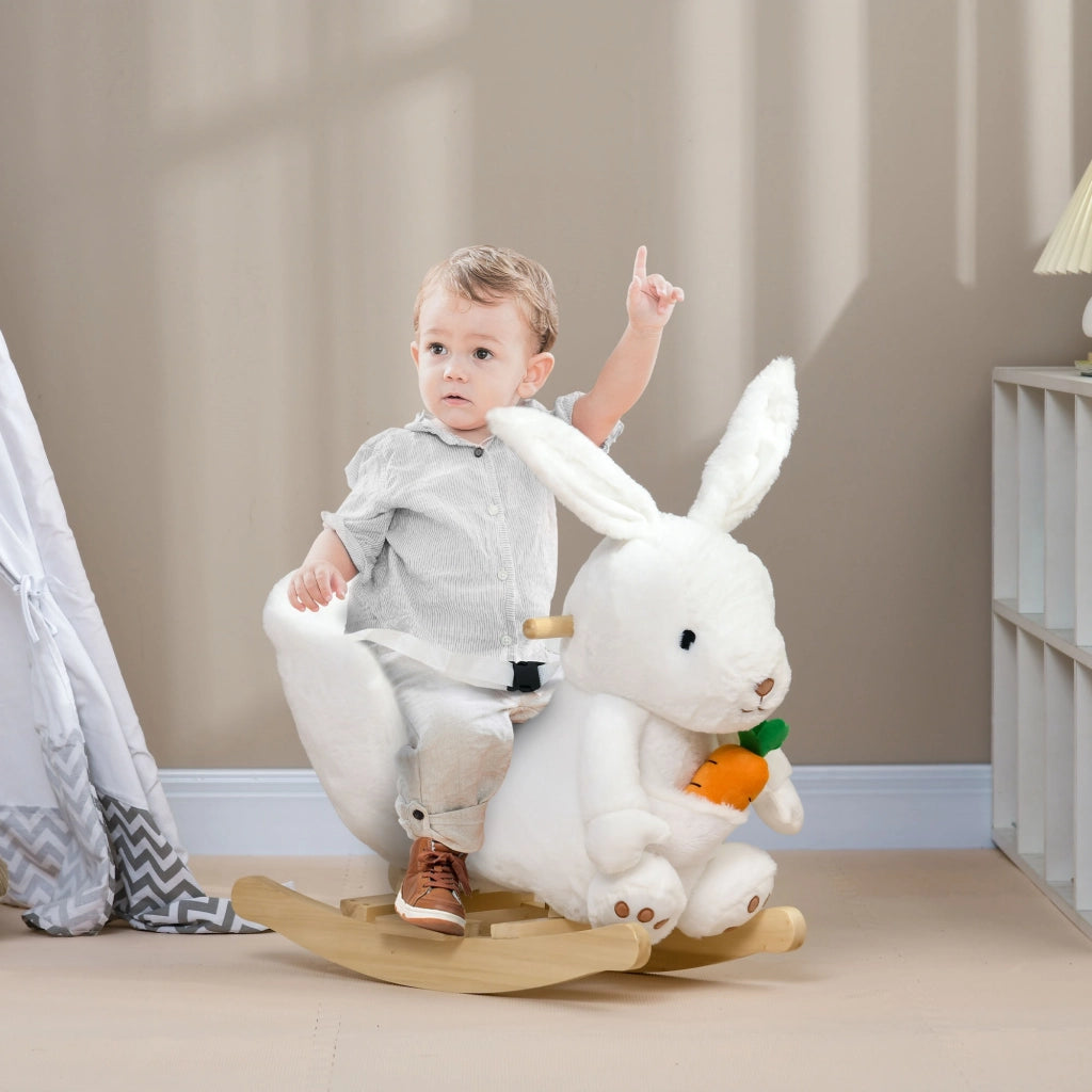 EasyComfort Animale a Dondolo a forma di Coniglio con Suoni e Cintura di Sicurezza, 60x33x50 cm, Bianco