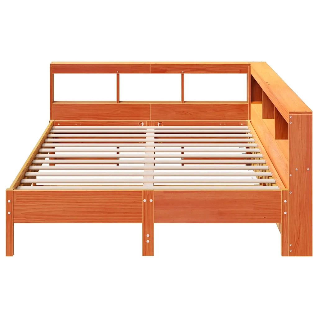 Letto Libreria senza Materasso-Struttura Letto con contenitore Marrone Cera 140x200 cm in Pino 619907