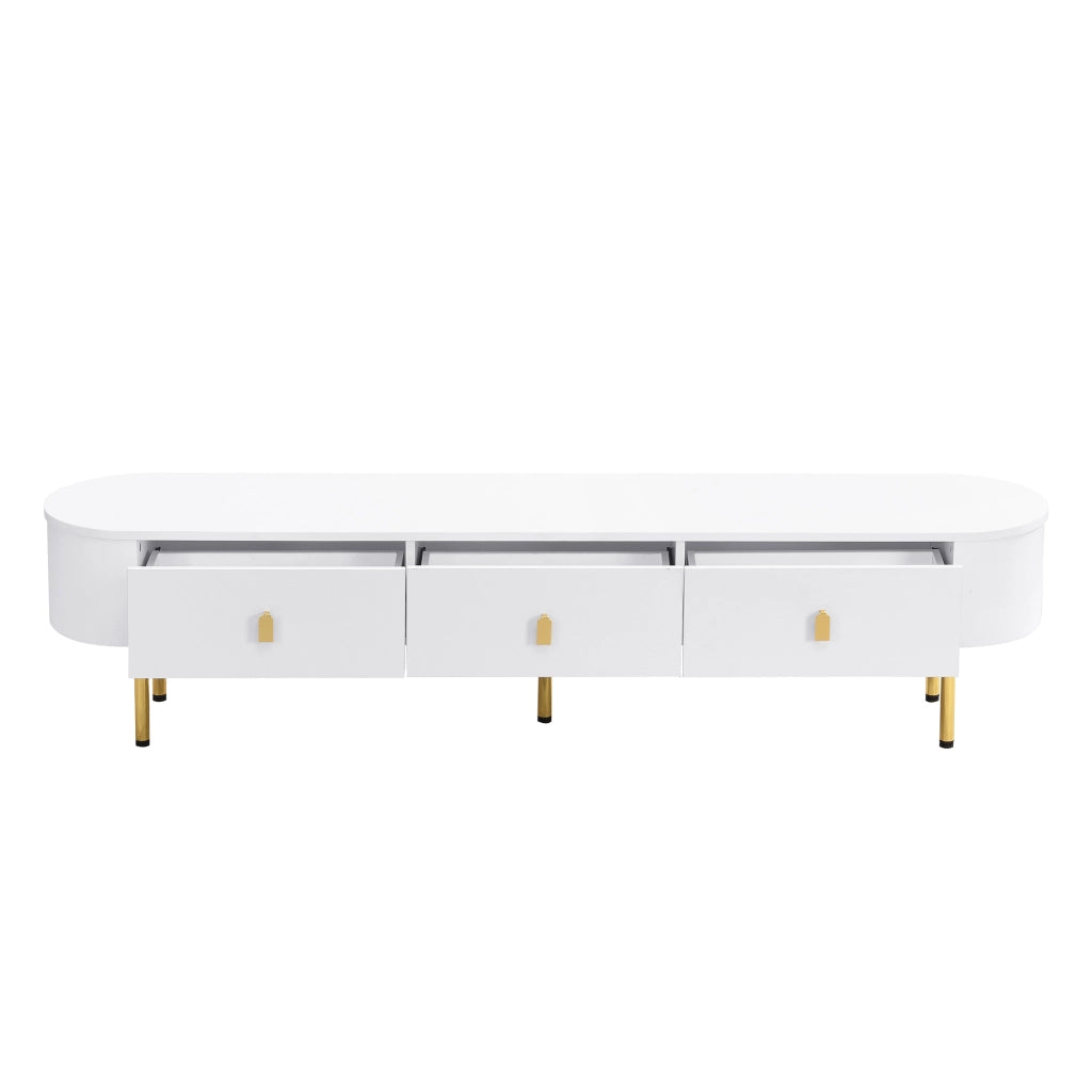 Mobile porta TV con 3 cassetti e maniglie dorate in MDF bianco lucido con angoli arrotondati 174 × 35 × 41 cm