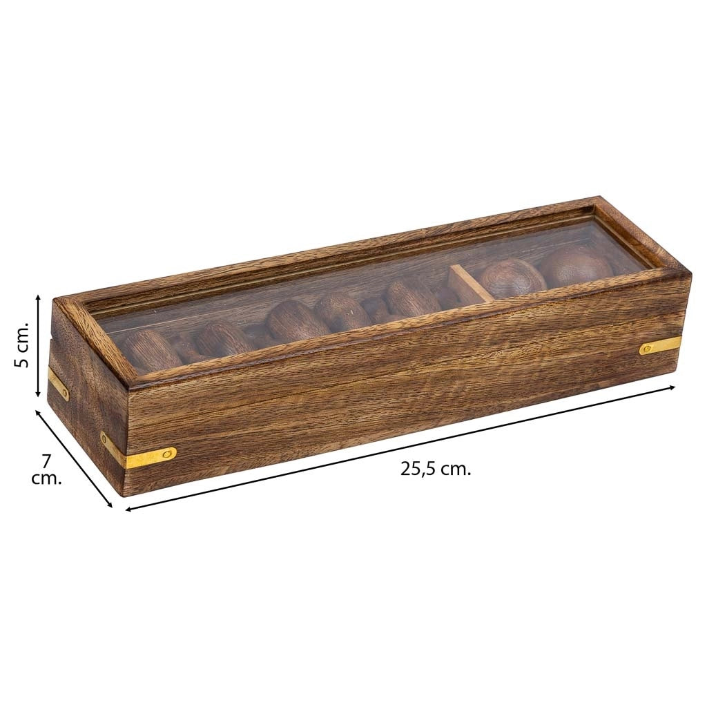 Gioco di bowling (10 pezzi + 2 palline) in scatola di legno marrone 25,5x7x5h