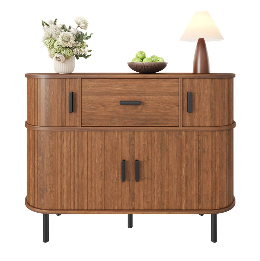 Credenza a 2 livelli con ante scorrevoli e cassetto, noce