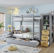 Letto a castello 90x200 cm con due cassetti; scaffale laterale e comodino separato; grigio chiaro/naturale