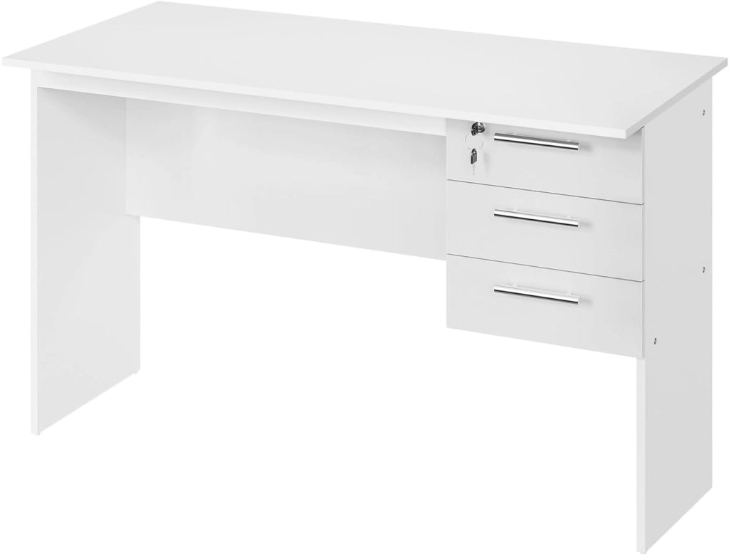 Scrivania con 3 Cassetti, 120x60 cm, Bianco, Tavolo da Lavoro, Scrivania per Computer, Porta PC in Legno