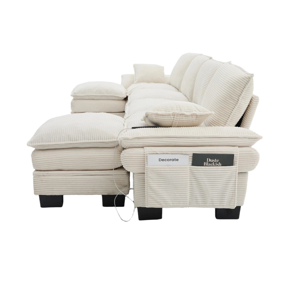 Divano modulare 4 posti con 2 pouf; USB-C e tasche laterali; 330x132x84 cm; velluto a coste beige
