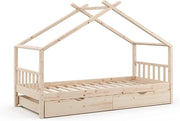 Letto montessori bambini Design, Legno naturale, 90x200 cm con letto per ospiti, con sponda anticaduta e rete a doghe per un sonno sicuro