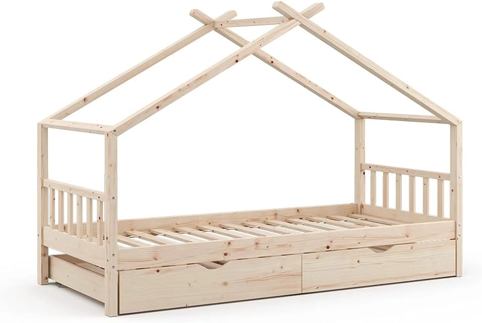 Letto montessori bambini Design, Legno naturale, 90x200 cm con letto per ospiti, con sponda anticaduta e rete a doghe per un sonno sicuro