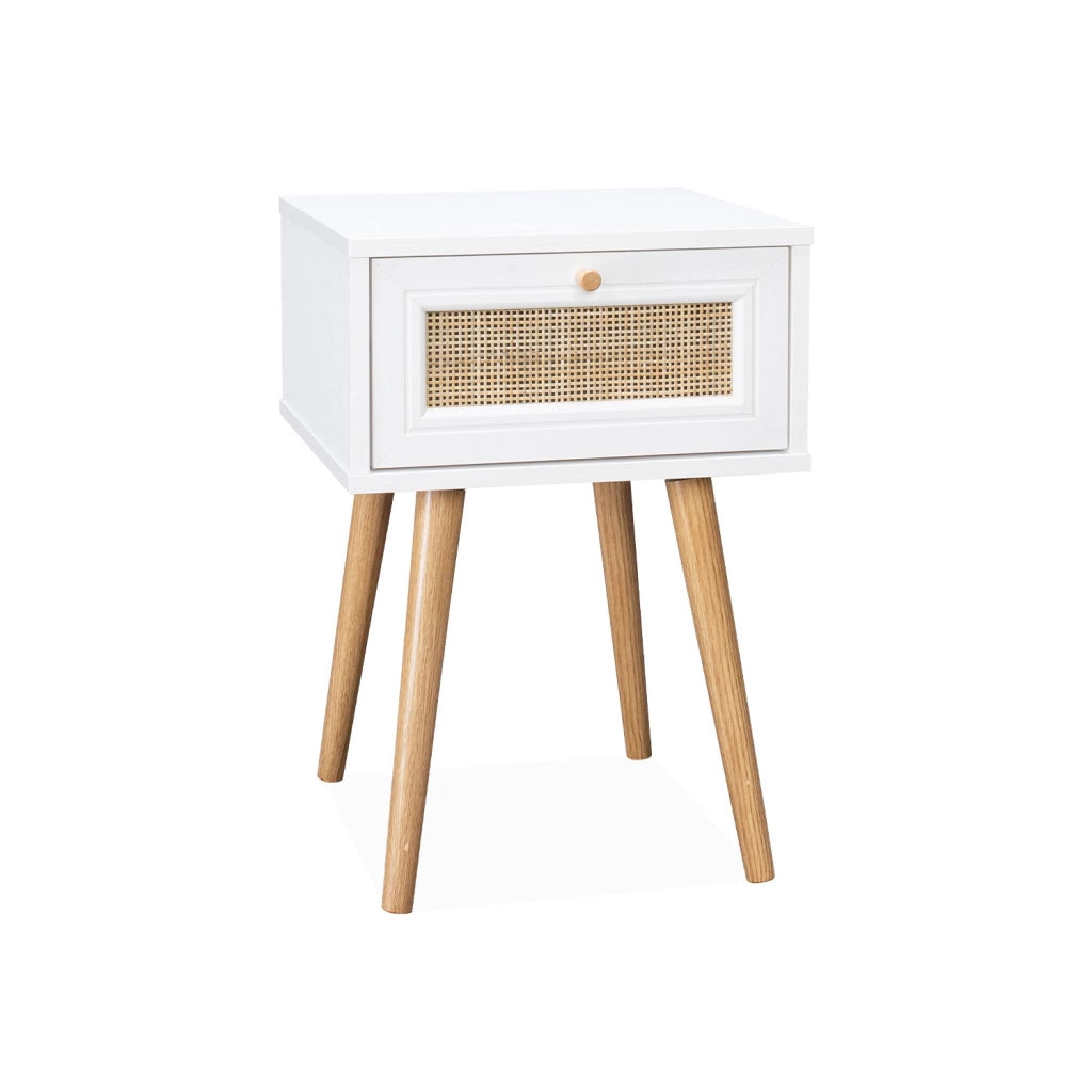 Set 2 comodini effetto legno e cannage, bianco sporco