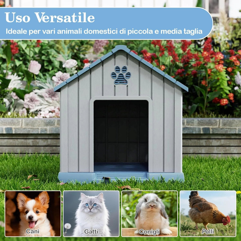 Cuccia per Cani da Esterno ed Interno, Casetta Impermeabile con Prese d’Aria e Pavimento Rialzato, per Cani di Piccola e Media Taglia