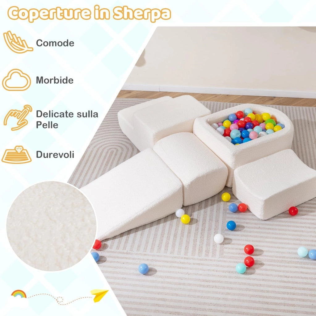 Blocchi da Arrampicata in Schiuma per Bambini, con Piscina di Palline, Set di 5 Pezzi per Arrampicata e Strisciamento, Set da Gioco da Interno per Bambini 3 Anni+ (Beige,Sherpa)