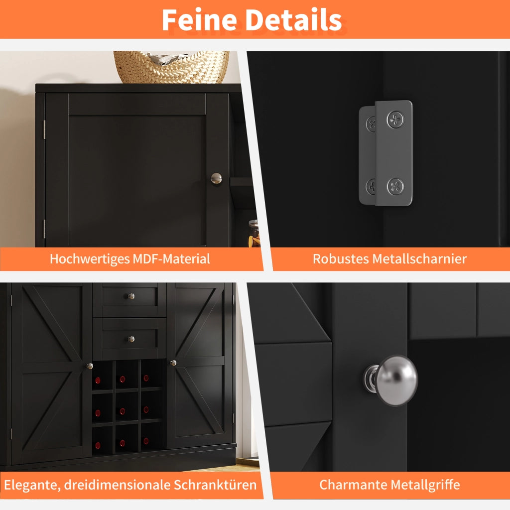 ARMADIO DISPENSA Cucina 120x40x188 cm MDF Nero con 4 ante e 2 cassetti