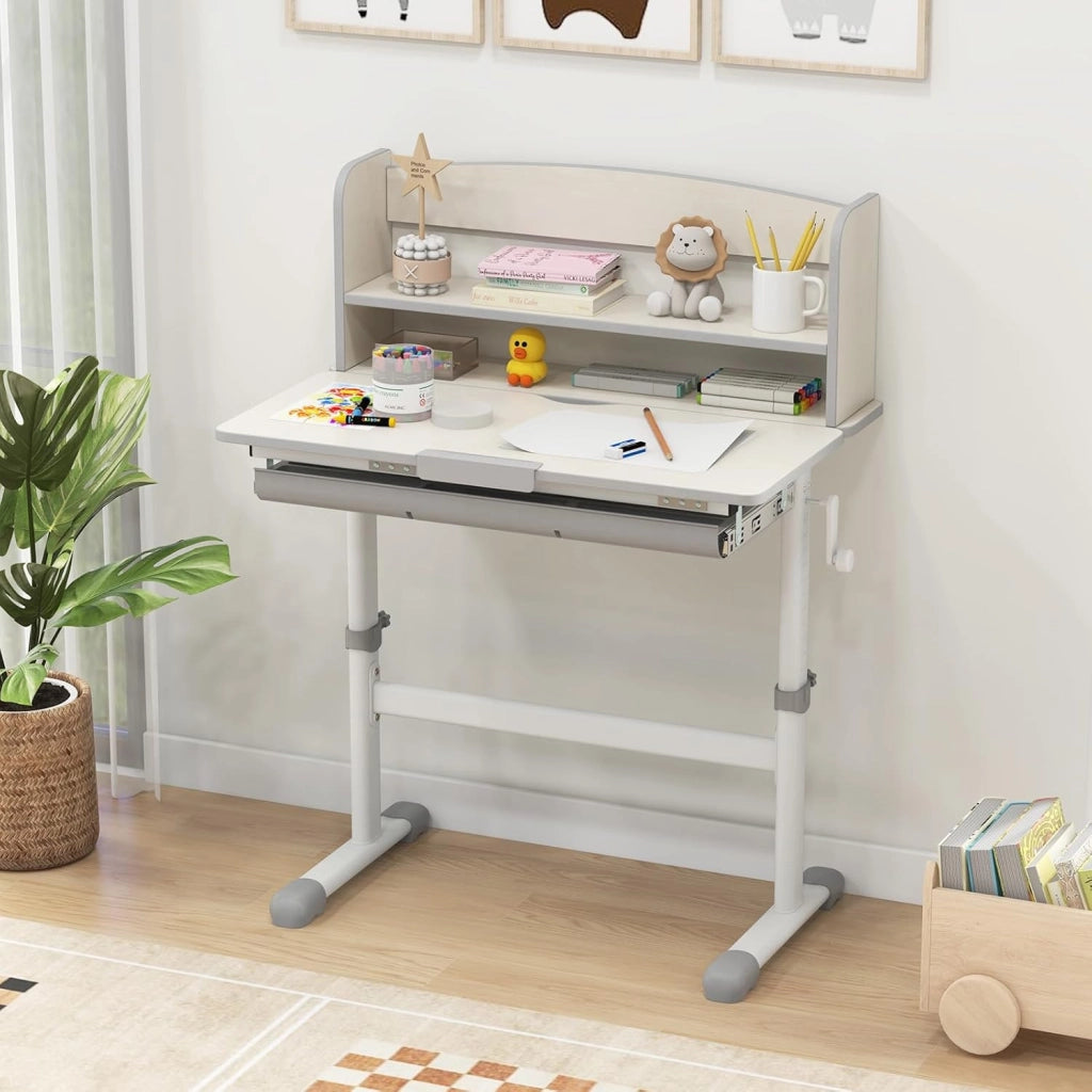 Scrivania per Bambini Altezza Regolabile con Piano Inclinabile | Banco Scuola Multifunzionale per 3-12 Anni con Libreria e Cassetto, Scrittoio Cameretta, Grigio