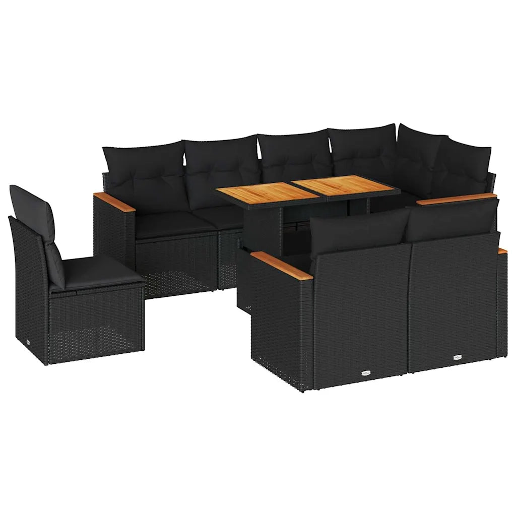 Set Divani da Giardino 9 pz con Cuscini Nero Polyrattan Acacia 3327499