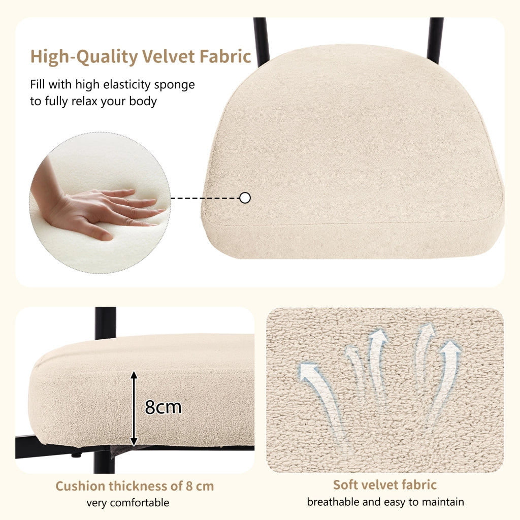 Sedia da pranzo imbottita ergonomica con seduta ampia e schienale curvo in tessuto beige e struttura in ferro