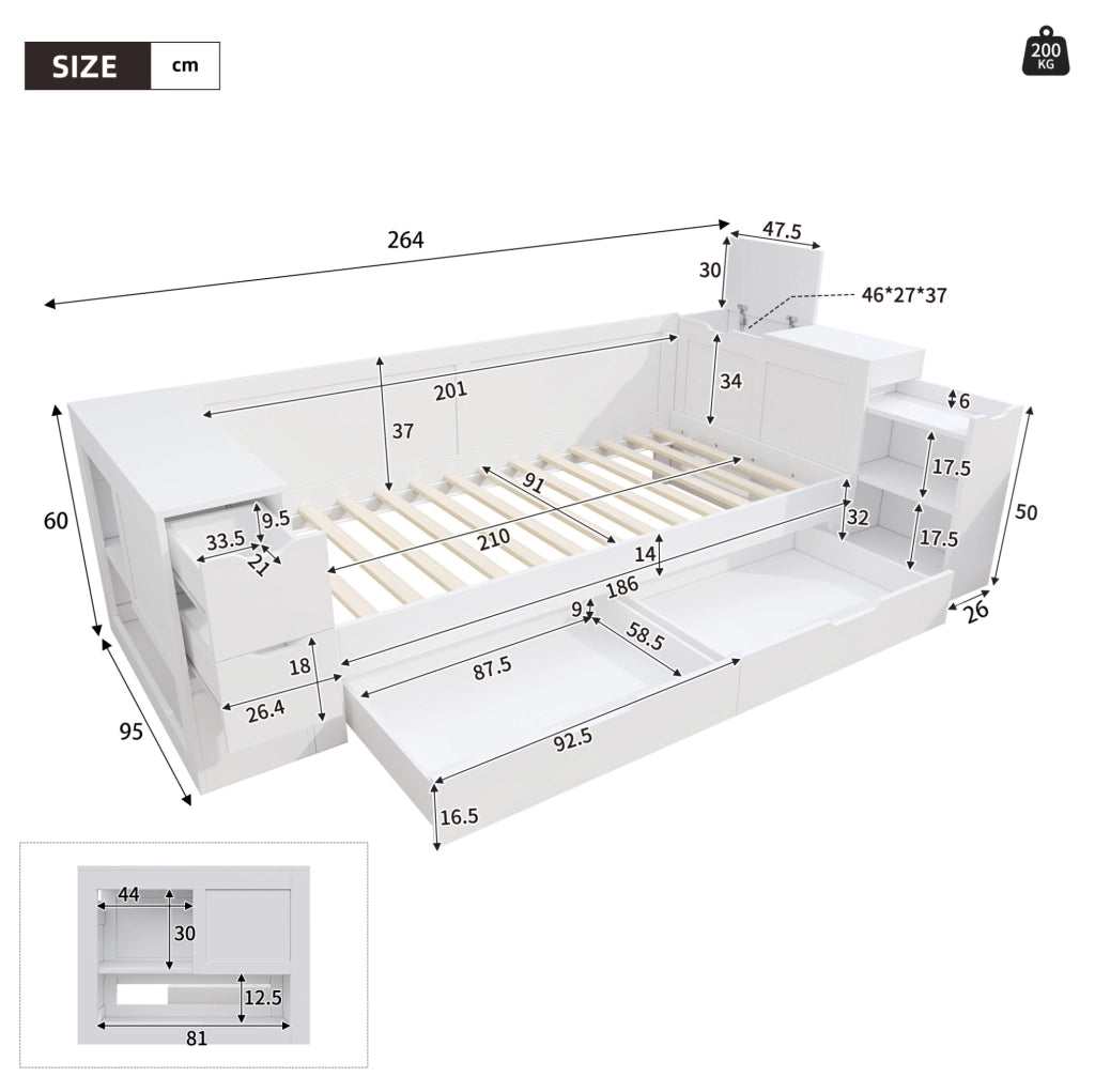 Letto bambini multifunzione 90x200 cm in MDF bianco con cassetti; ripiani e comodino