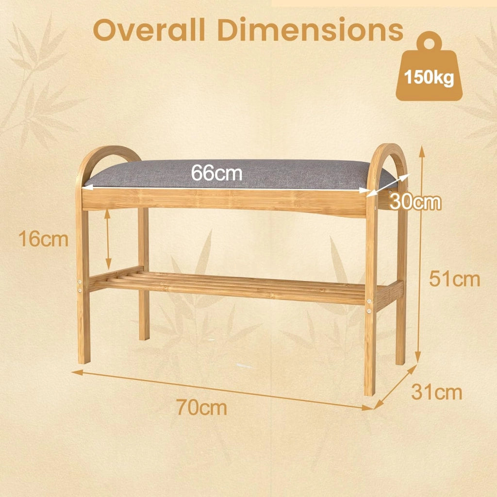 Panca Scarpiera da Ingresso, Panca Imbottita Porta Scarpe in Legno Bambù 2 Livelli, per Corridoio, Camera da Letto e Soggiorno, Carico 150 kg, 70 x 30 x 51 cm
