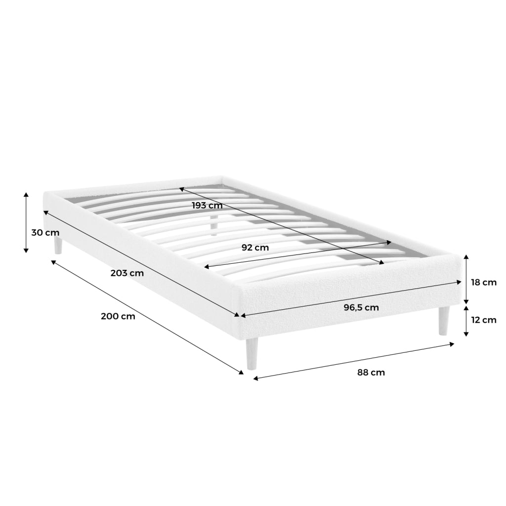 Struttura letto con rete a doghe, finitura bouclé, bianco, bianco