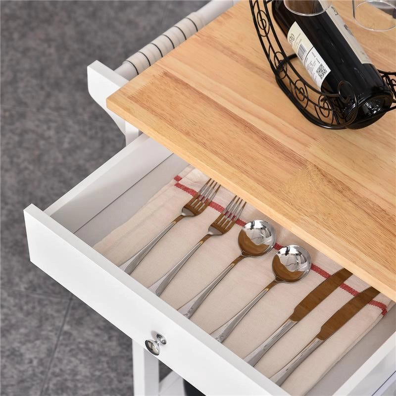 CARRELLO DA CUCINA CON CASSETTO ANTA E 3 RIPIANI IN LEGNO 66X39,5X86,5 CM BIANCO